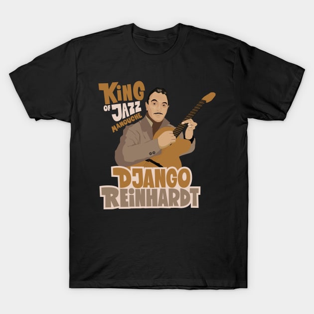 Django Reinhardt: A Jazz Guitar Legend Brought to Life with this Captivating Illustration. T-Shirt by Boogosh